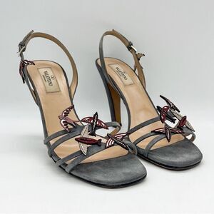 Valentino Garavani Grey Suede Strappy Sandals with Bird Appliqués, Size 37.5
